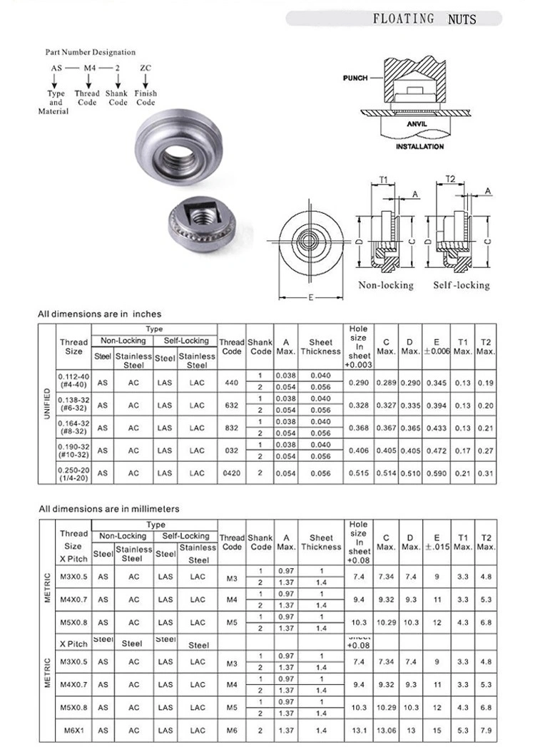 Stainless Steel Carbon Steel Pem Fasteners Self Clinching Floating Nut